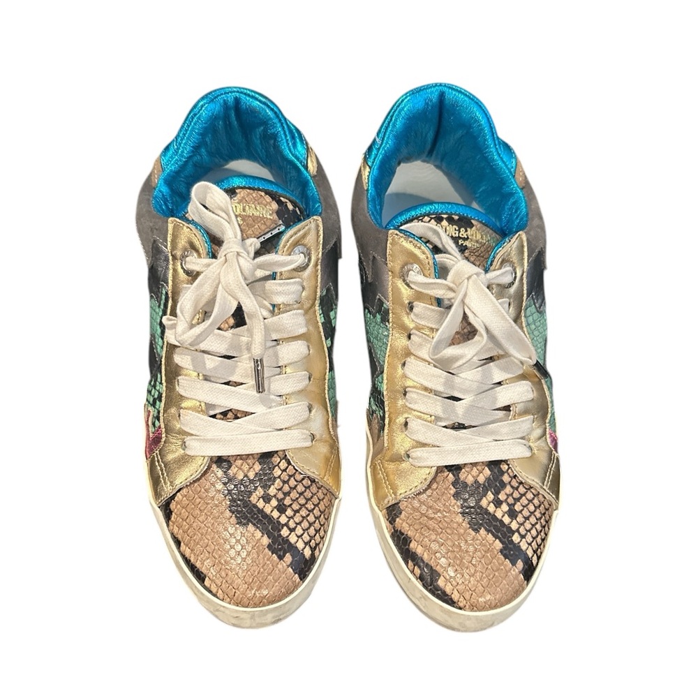 ZADIG & VOLTAIRE PARIS LEATHER MULTI PYTHON SNAKESKIN DISTRESSED SNEAKERS 40